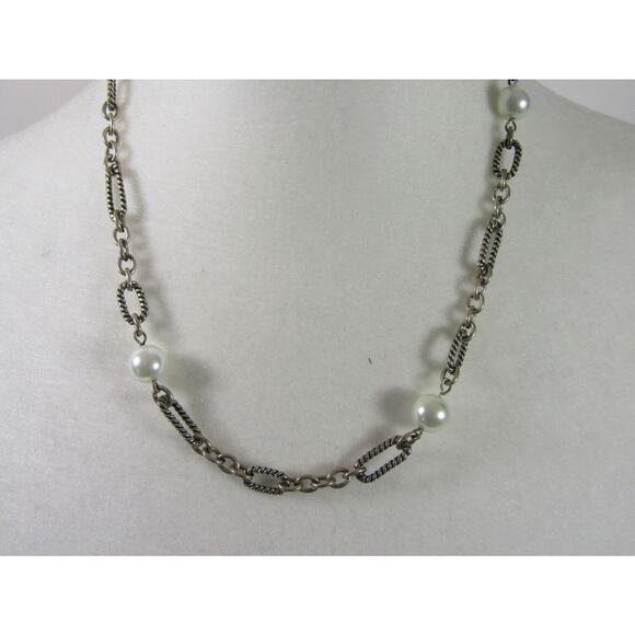 Silver Tone 3 Tier Chain Faux Pearl Bead Necklace 18" Boho Whimsigoth Retro Y2K - Picture 2 of 6